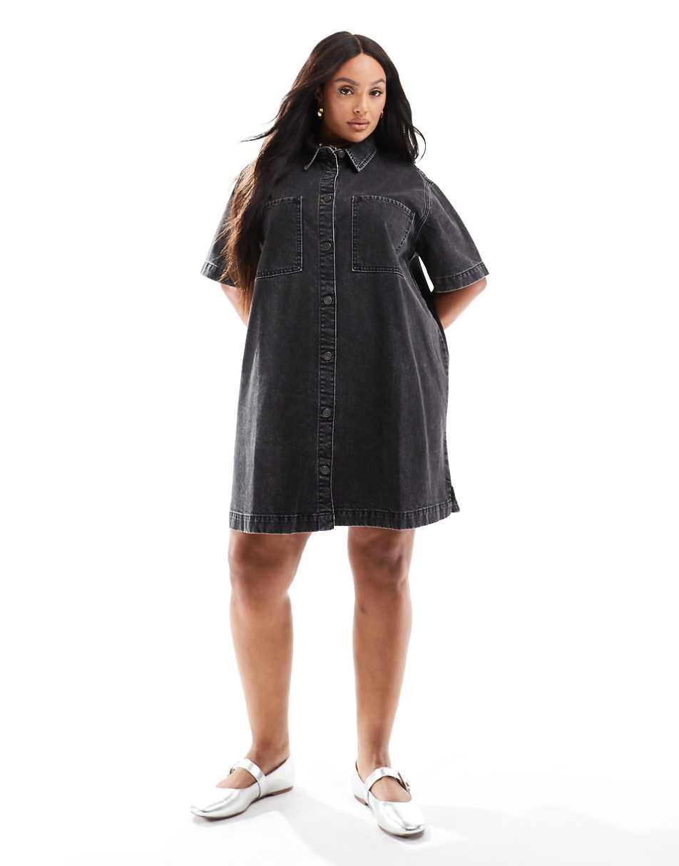 ASOS DESIGN Curve short sleeve denim shirt dress in wash black