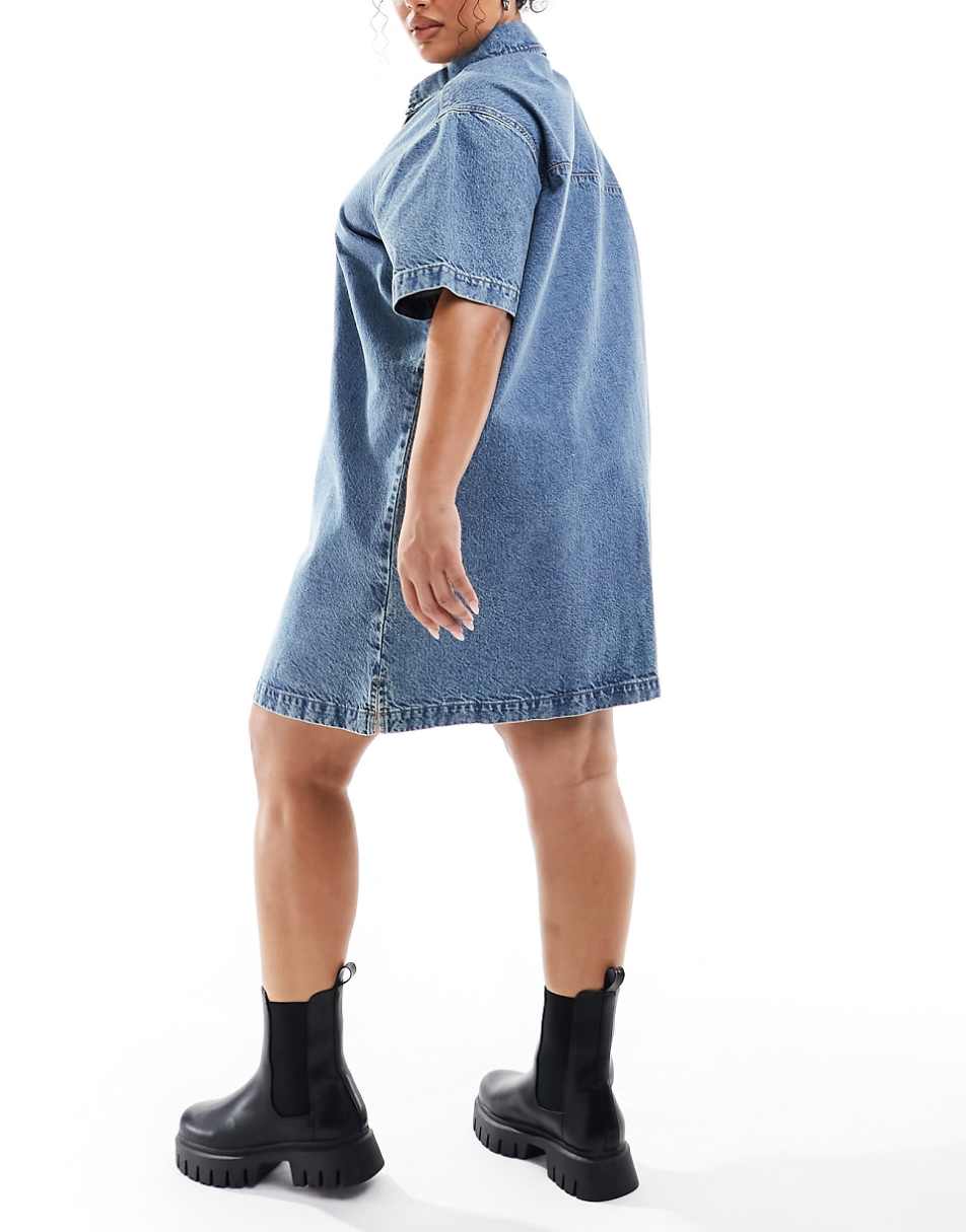 ASOS DESIGN Curve short sleeve denim shirt dress in midwash blue