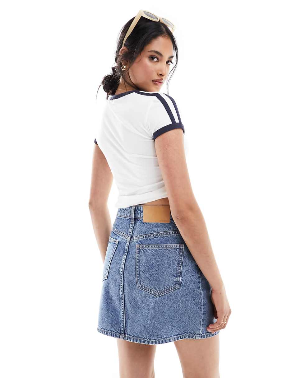 ASOS DESIGN denim high waist mini skirt in midwash blue