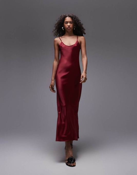 Topshop scoop cami maxi slip dress in burgundy