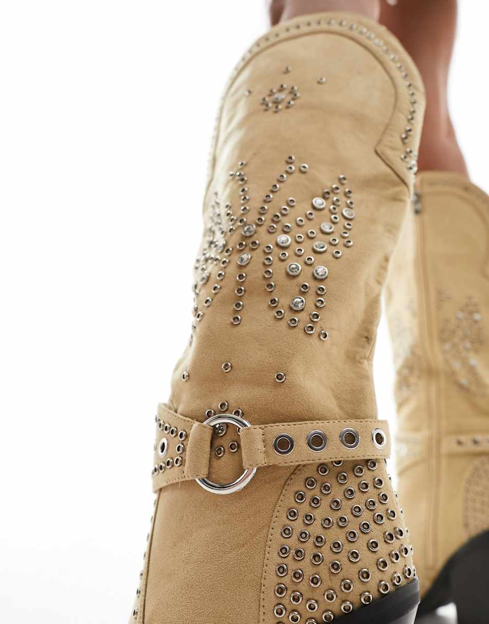 Simmi London Delano butterfly embellished western boots in taupe micro