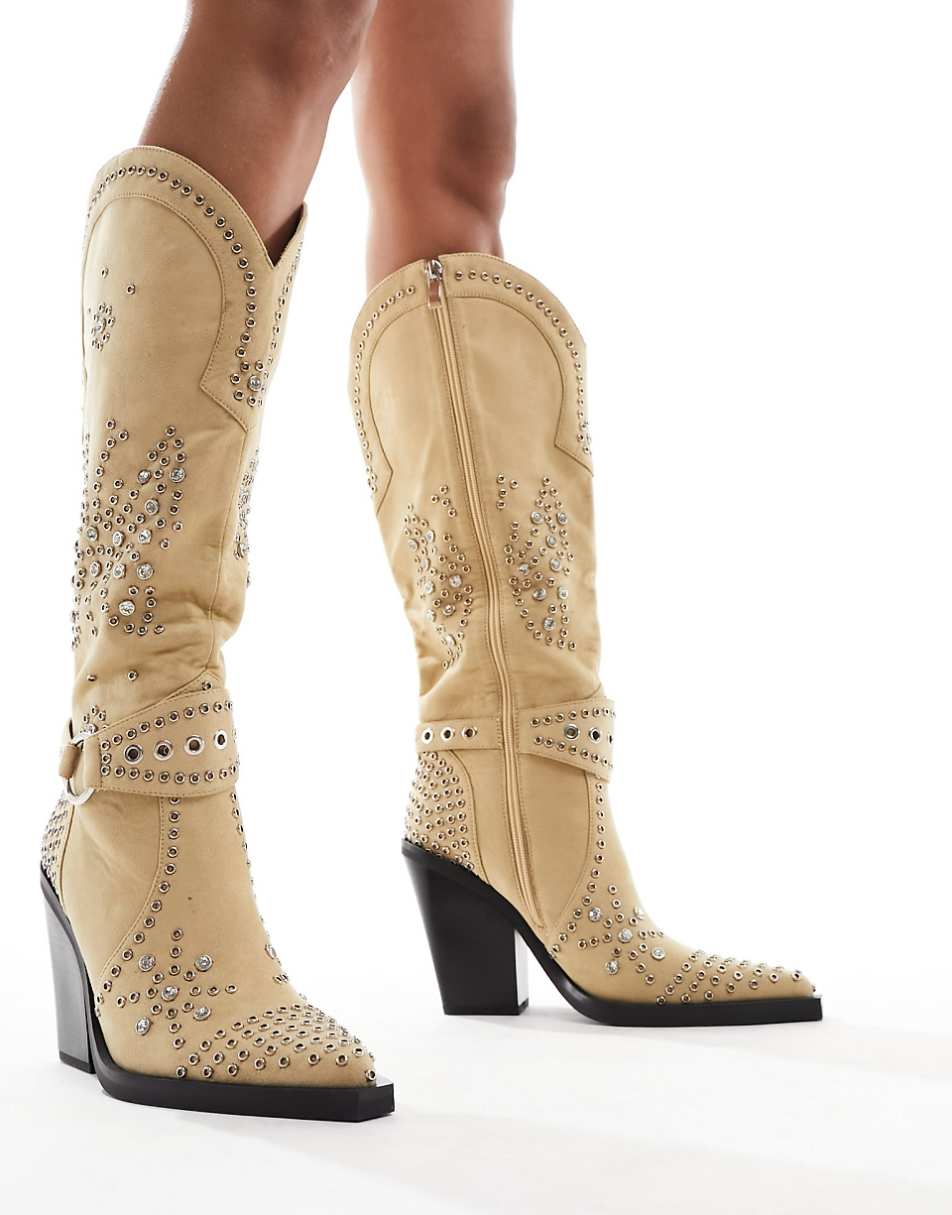 Simmi London Delano butterfly embellished western boots in taupe micro