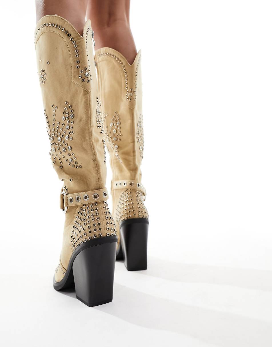 Simmi London Wide Fit Delano butterfly embellished western boot in taupe micro