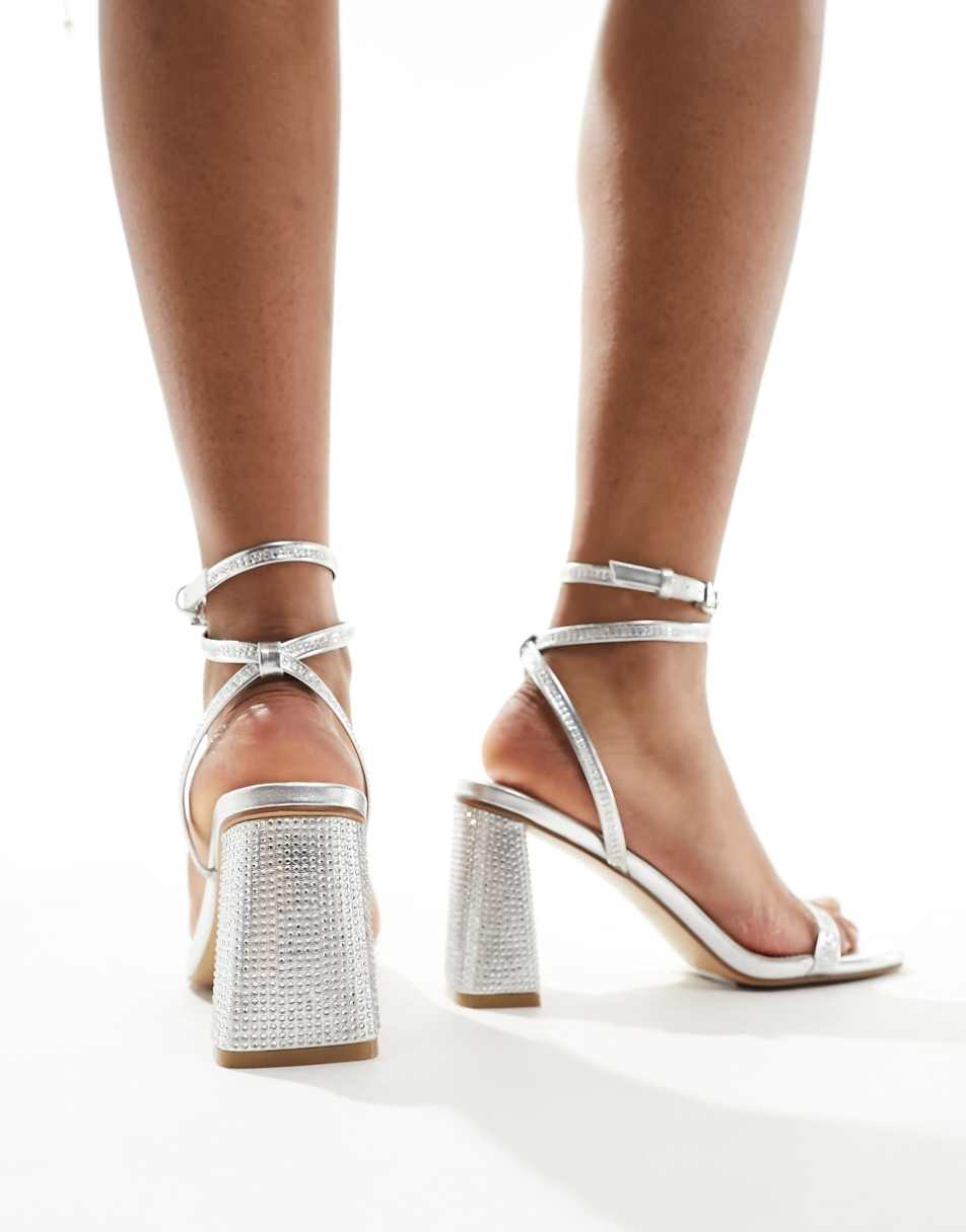 Simmi London Wide Fit Bolt block heeled sandal in embellished silver