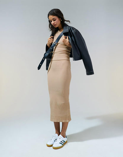 ASOS DESIGN seamless sculpting mixed rib midi skirt in pebble - part of a set