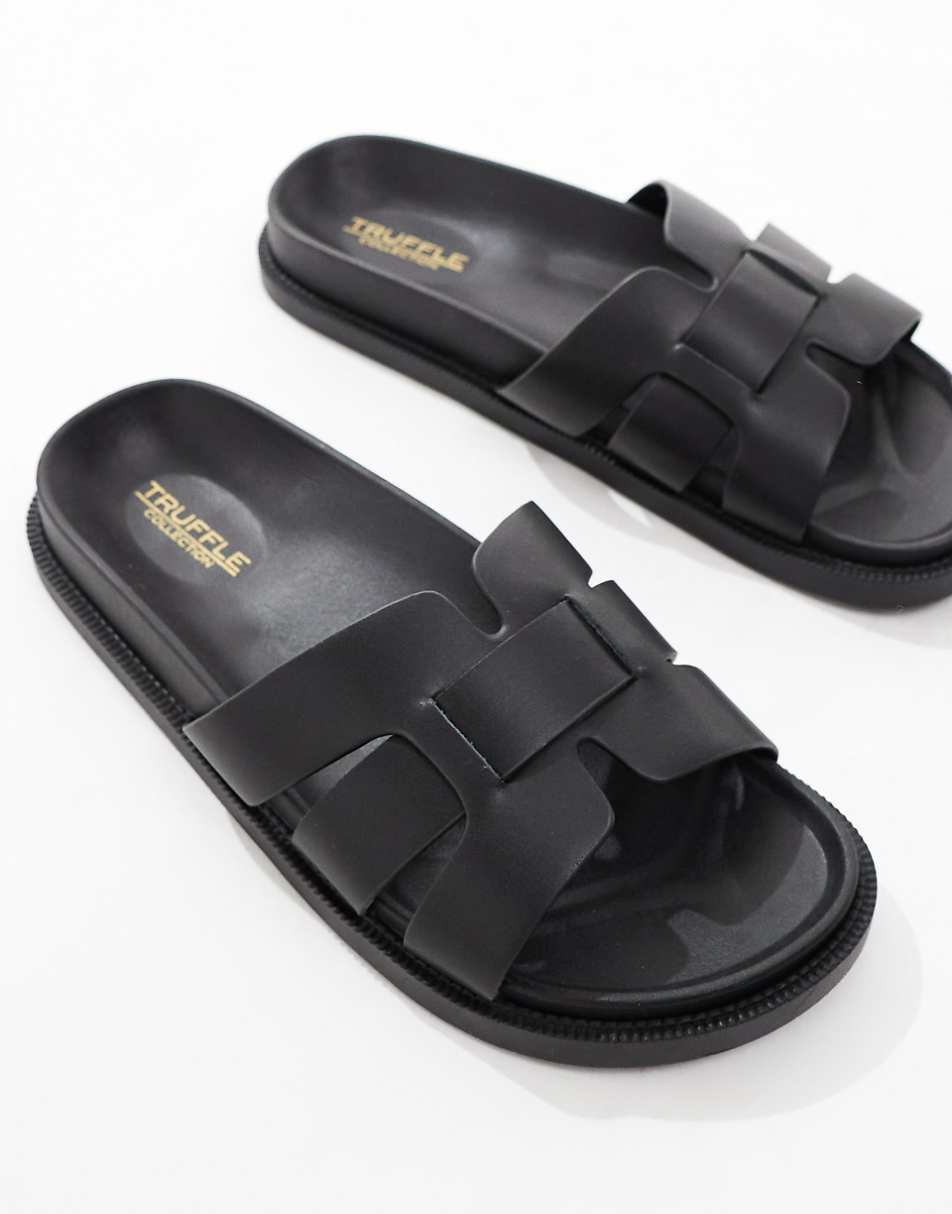 Truffle Collection triple strap footbed sandals in black