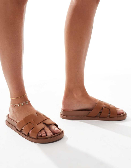 Truffle Collection triple strap footbed sandals in tan