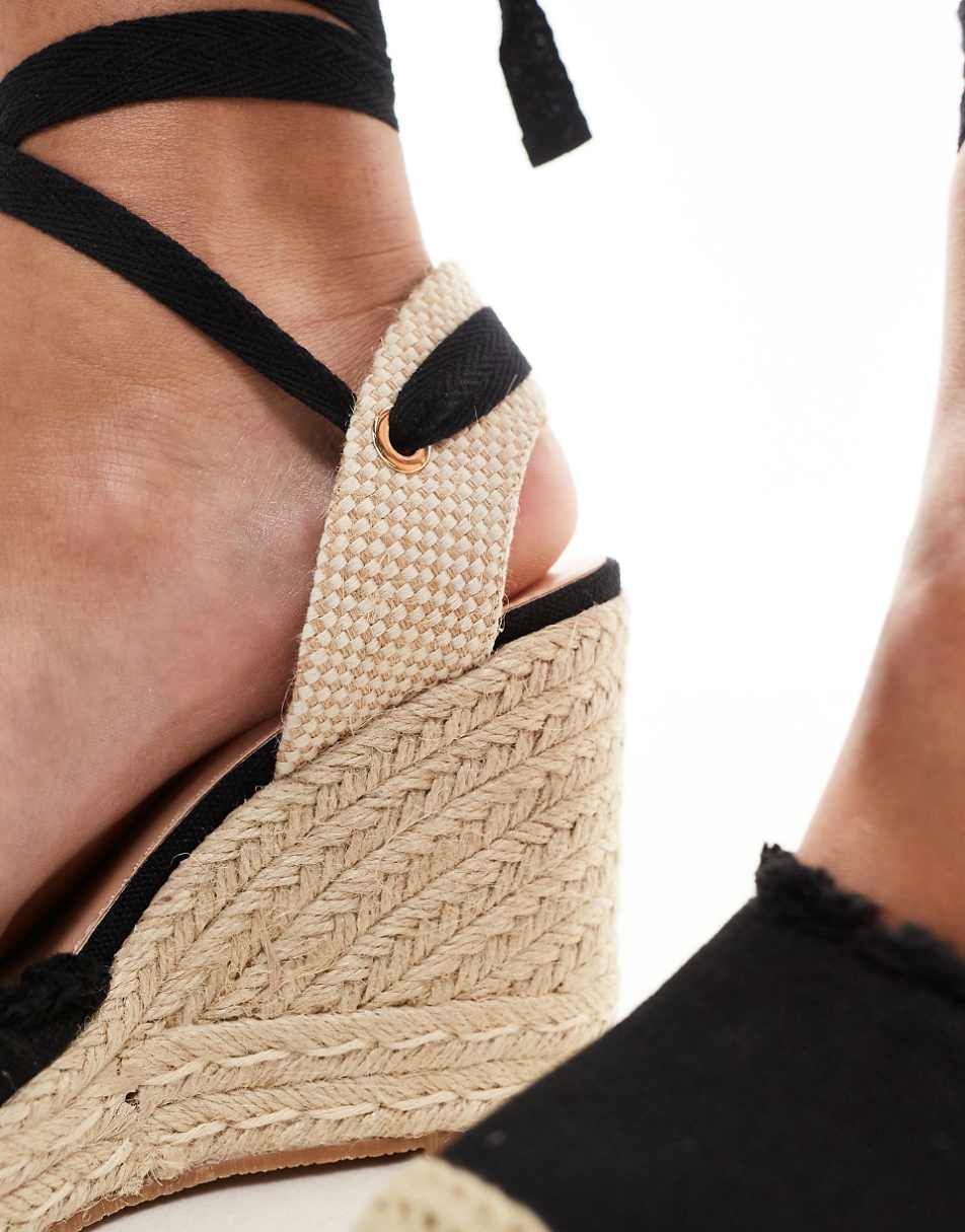 Truffle Collection jute wedge strappy espadrilles in black