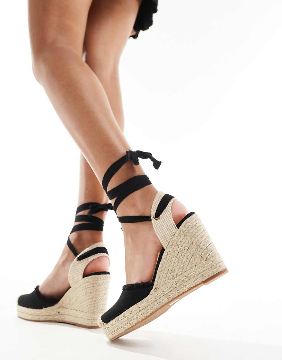 Truffle Collection jute wedge strappy espadrilles in black