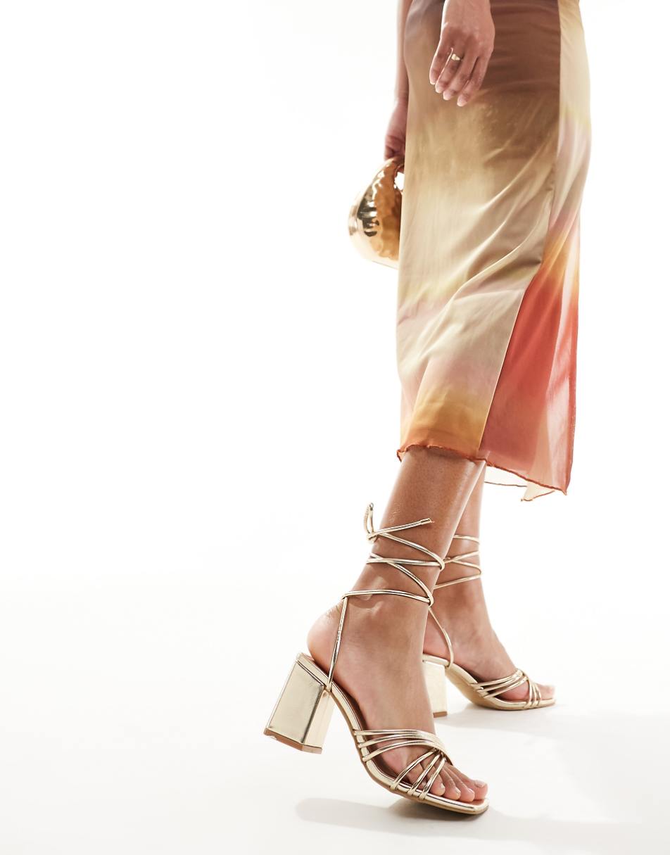 Truffle Collection wide fit block heel strappy sandals in gold