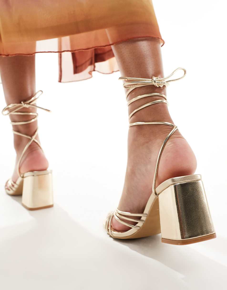 Truffle Collection wide fit block heel strappy sandals in gold