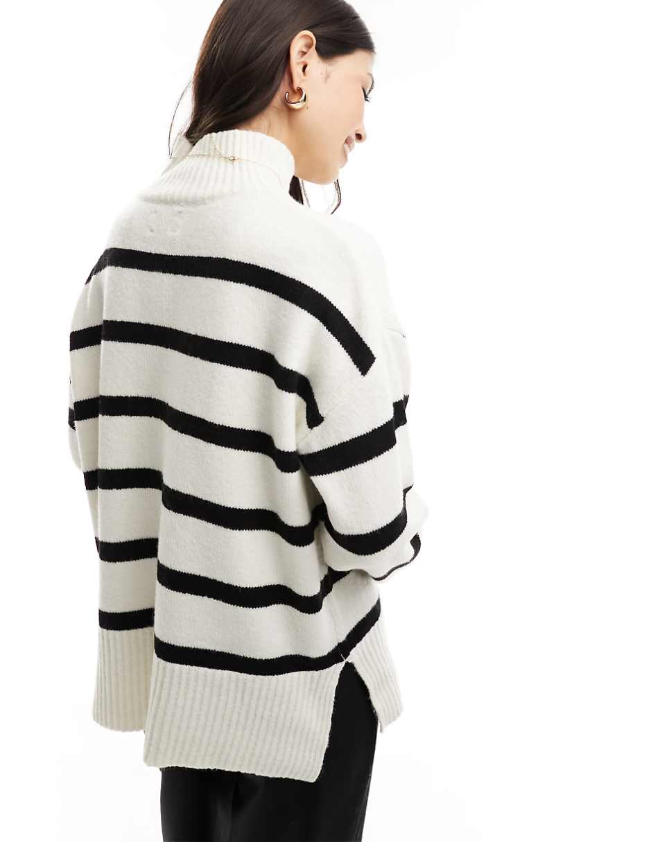 ASOS DESIGN longline sweater with high neck in cream and black stripe