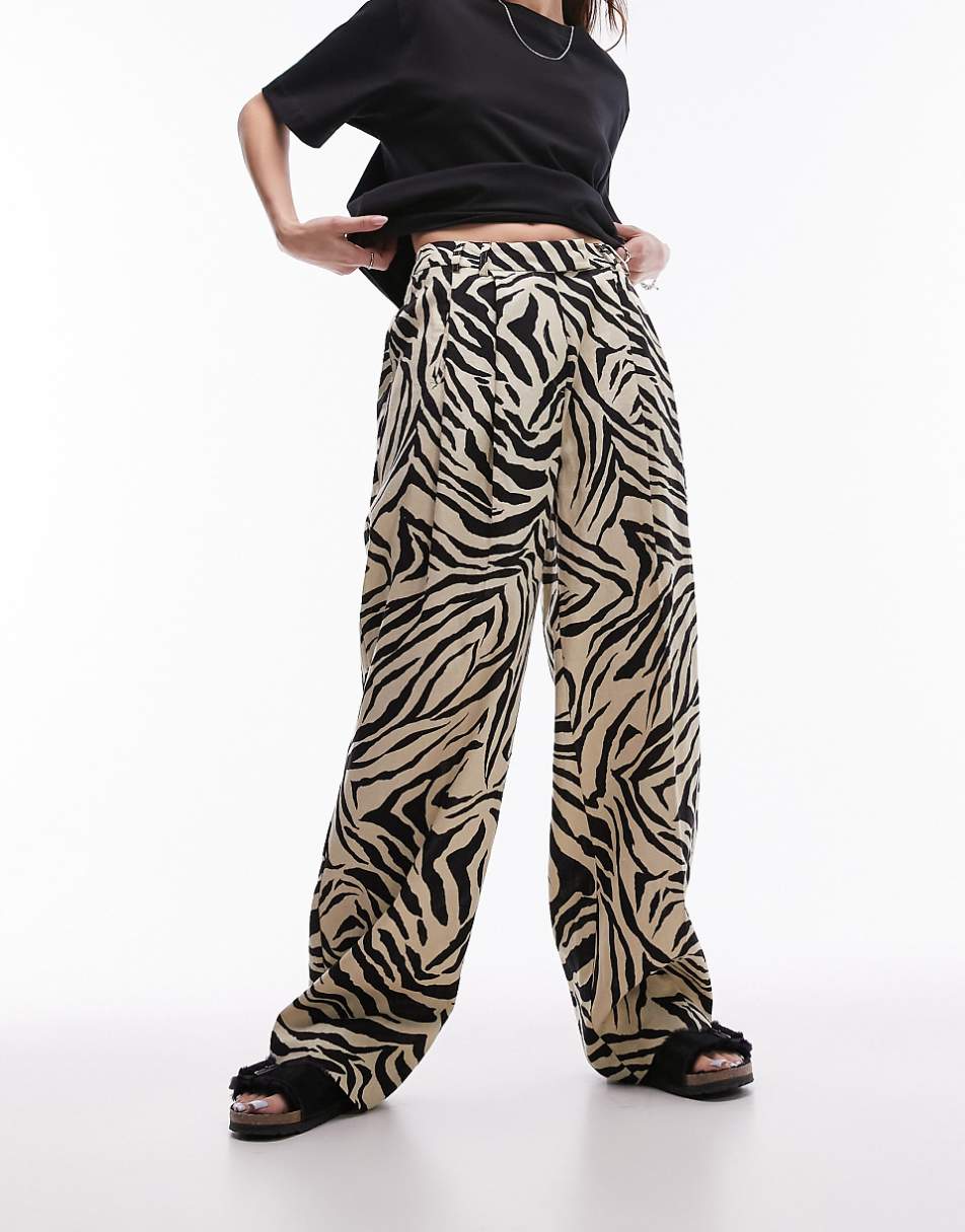 Topshop zebra printed wide leg linen pants in monochrome