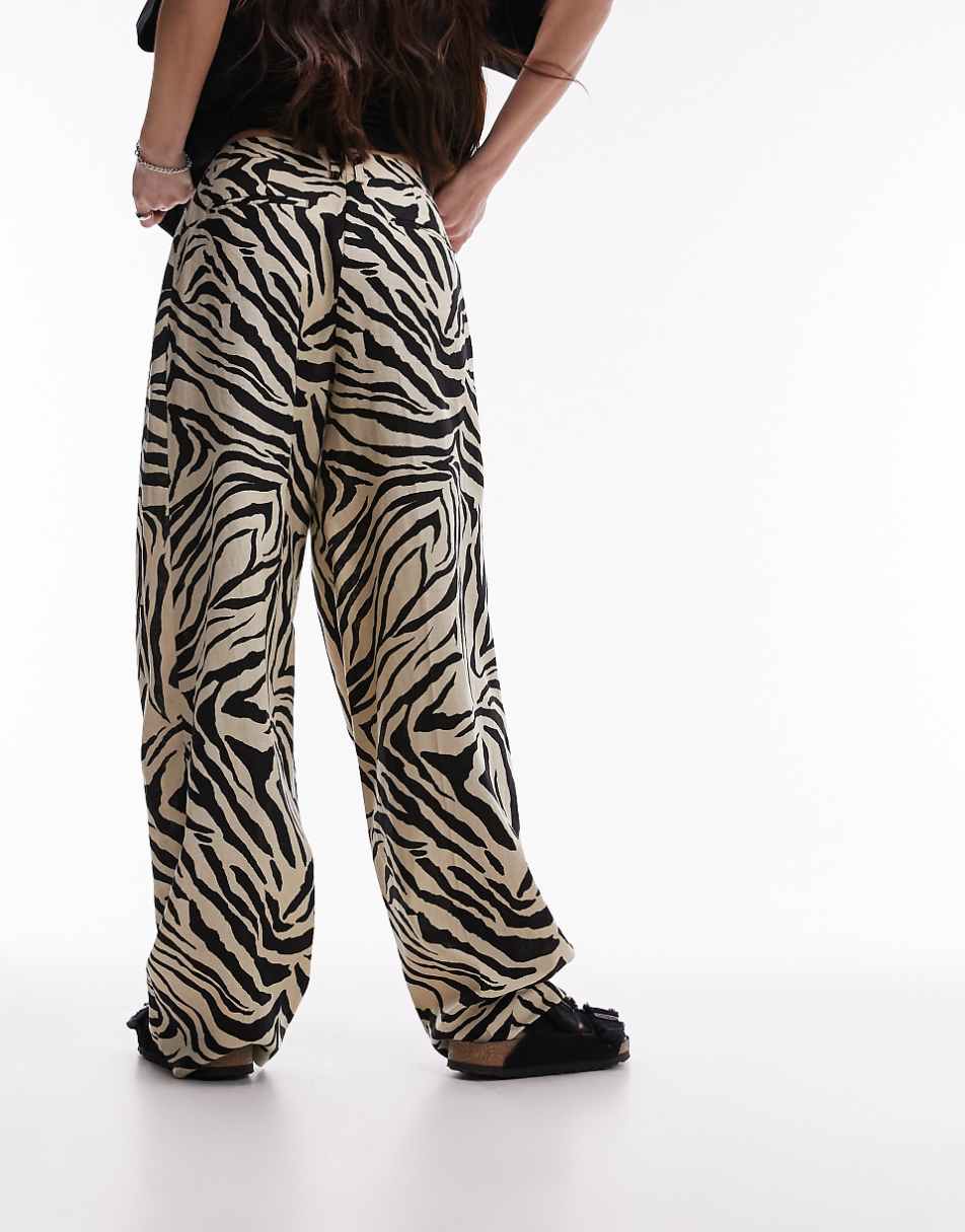 Topshop zebra printed wide leg linen pants in monochrome