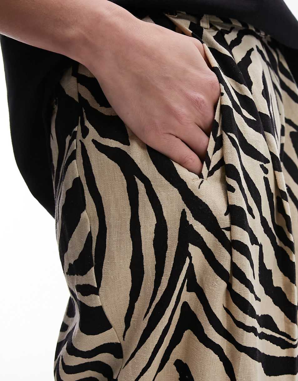 Topshop zebra printed wide leg linen pants in monochrome