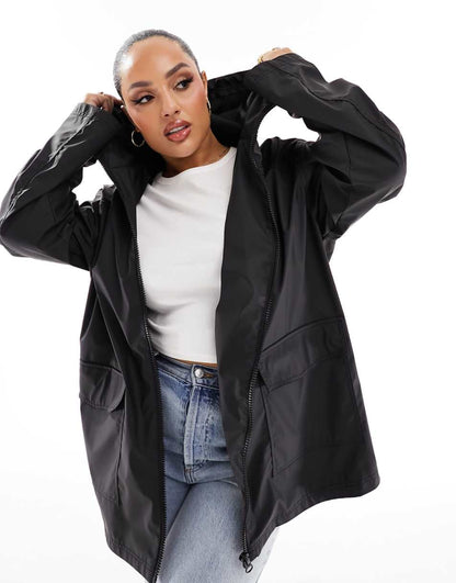 ASOS DESIGN Curve rubberized rain coat in black