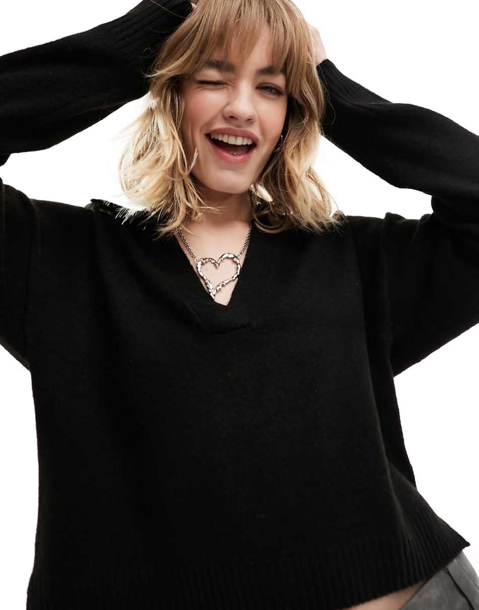 Monki long sleeve collar polo knit sweater in black