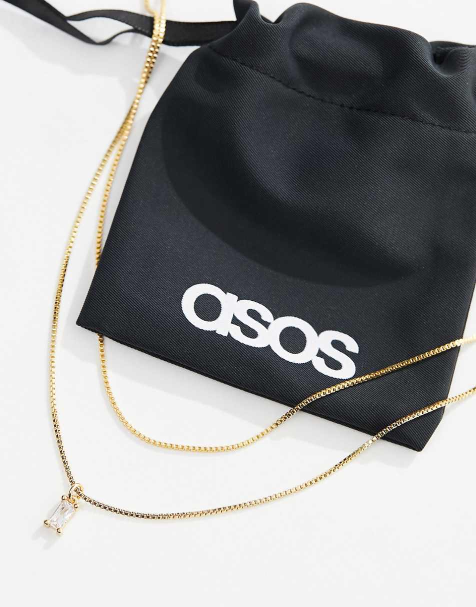 ASOS DESIGN 14k gold plated multirow necklace with cubic zirconia charm with gift bag - GOLD