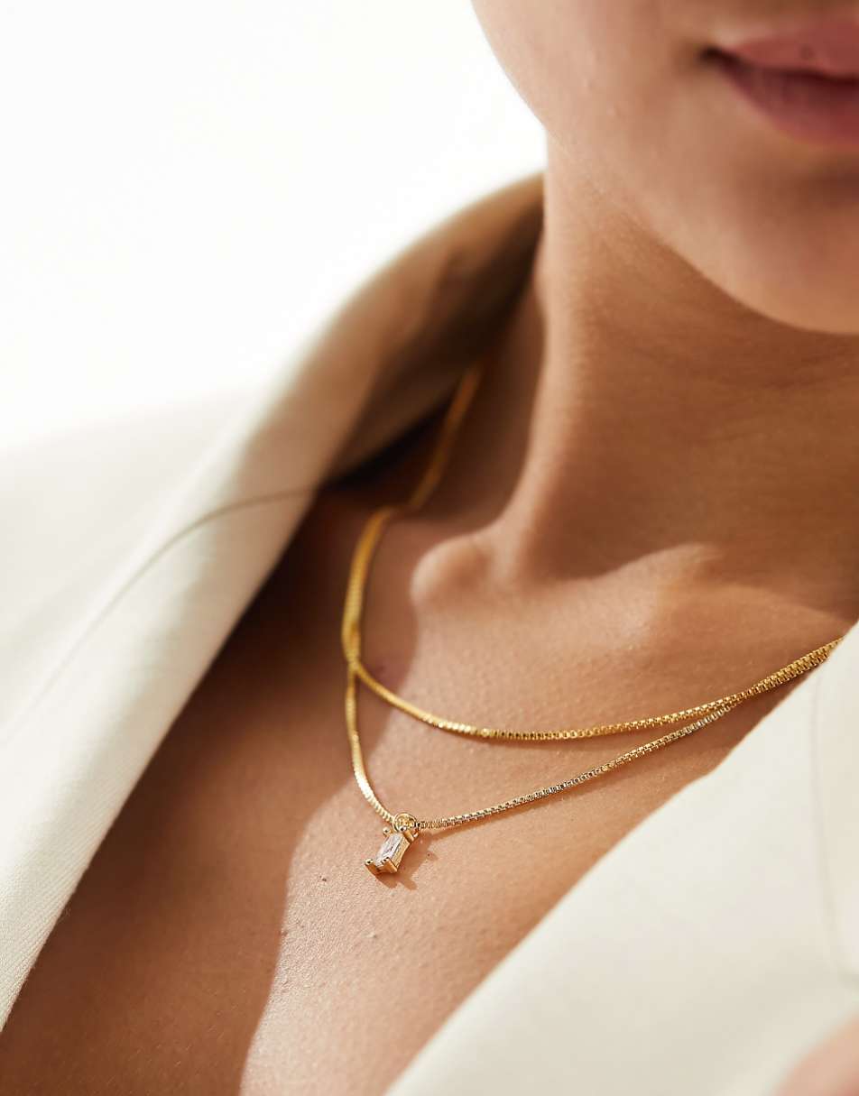 ASOS DESIGN 14k gold plated multirow necklace with cubic zirconia charm with gift bag - GOLD