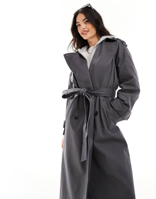 ASOS DESIGN longline trench coat in charcoal