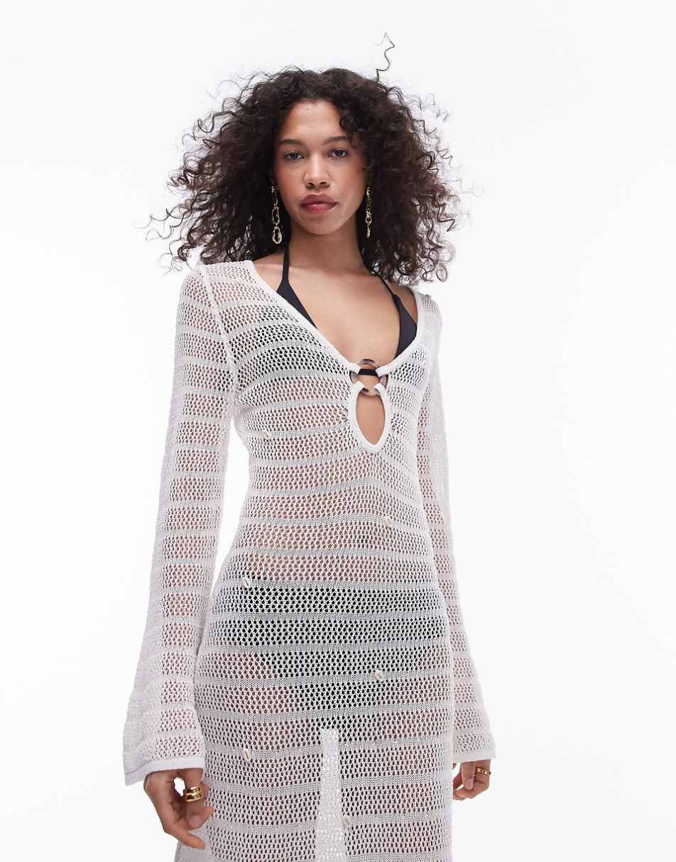 Topshop knit shell embellished beach dress in white