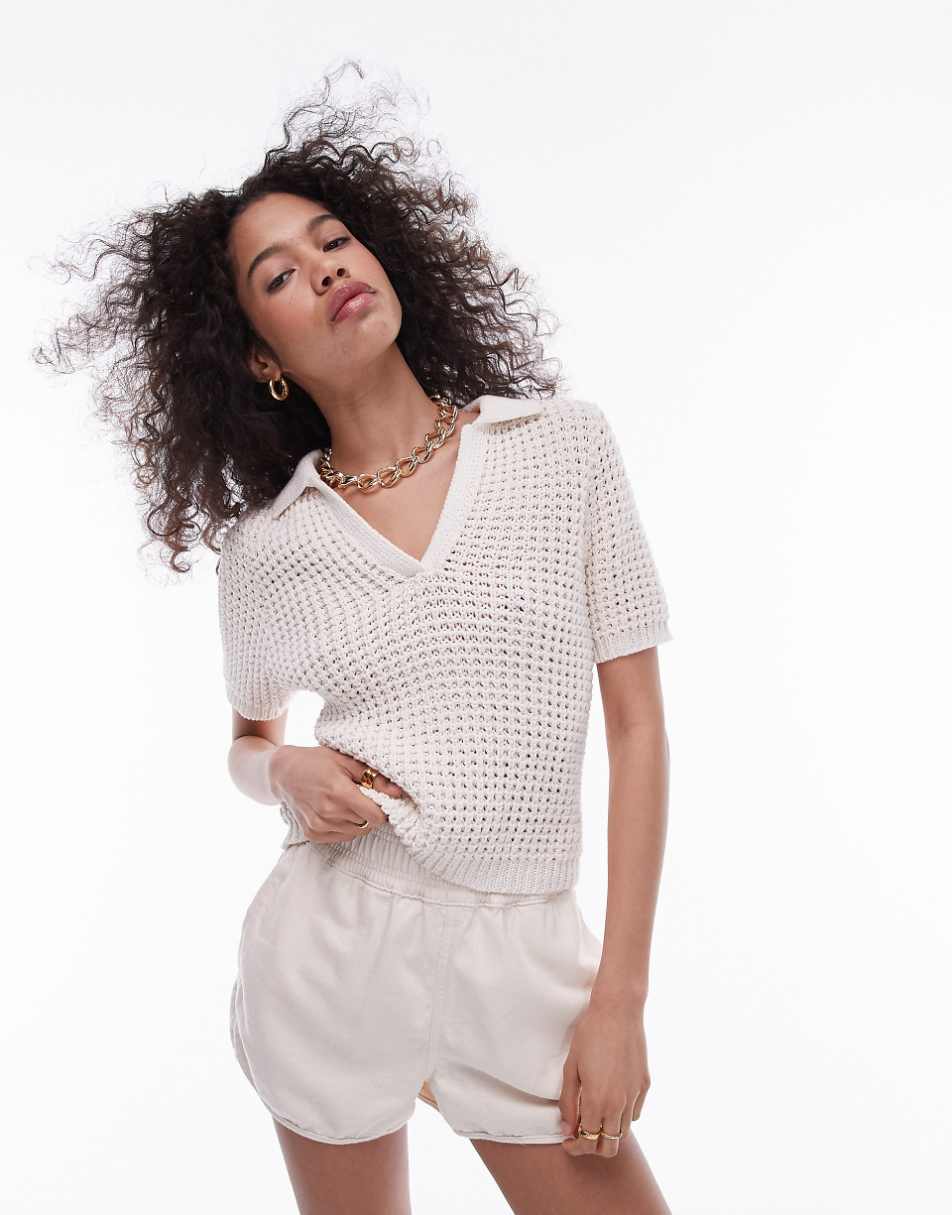 Topshop knit chunky polo top in cream