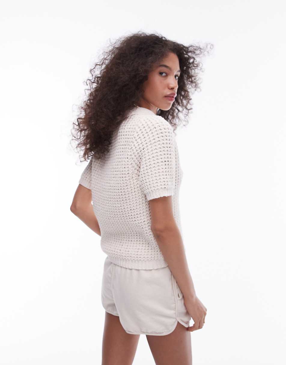 Topshop knit chunky polo top in cream