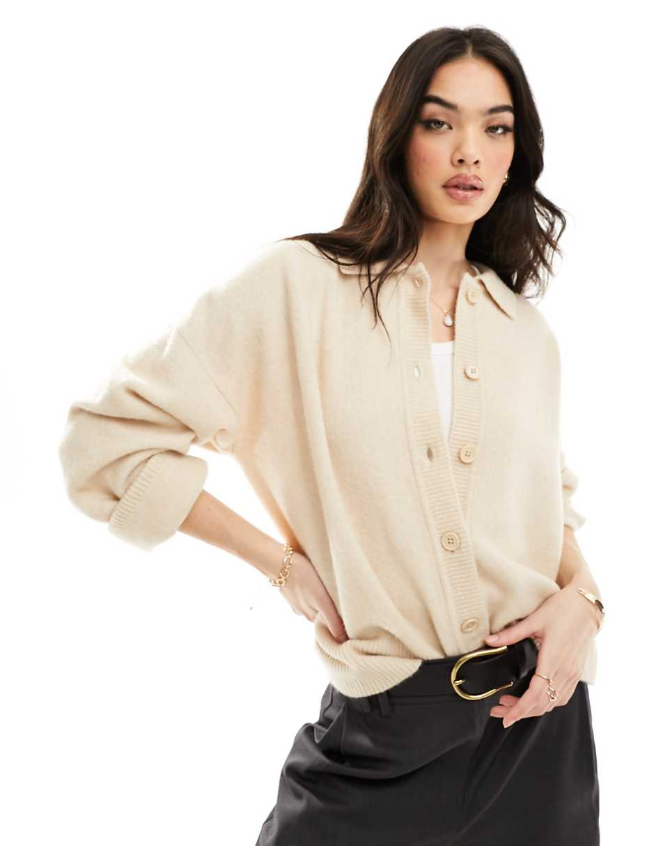 ASOS DESIGN knit collar shirt cardigan in oatmeal