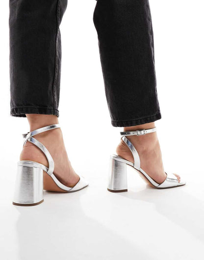 ASOS DESIGN Wide Fit Hotel barely there block heeled sandals in silver