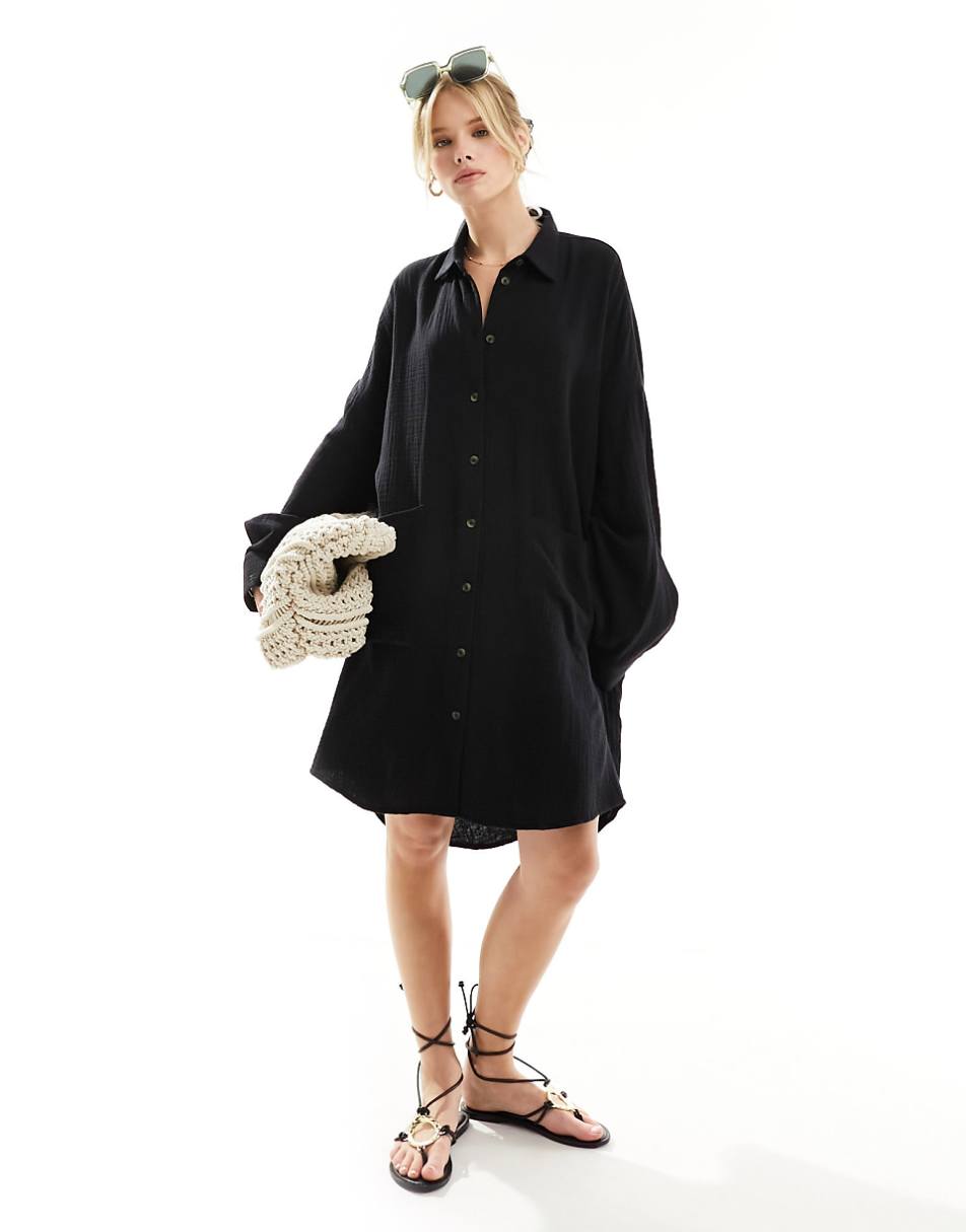 ASOS DESIGN double cloth oversized shirt dress with dropped pockets in black