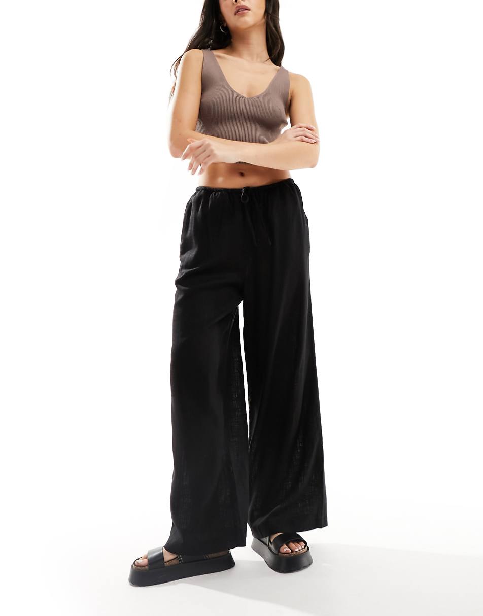 ASOS DESIGN wide leg pull on pants with linen in black