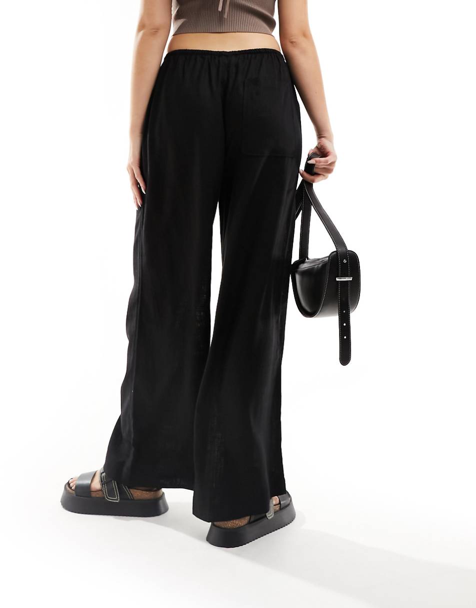 ASOS DESIGN wide leg pull on pants with linen in black