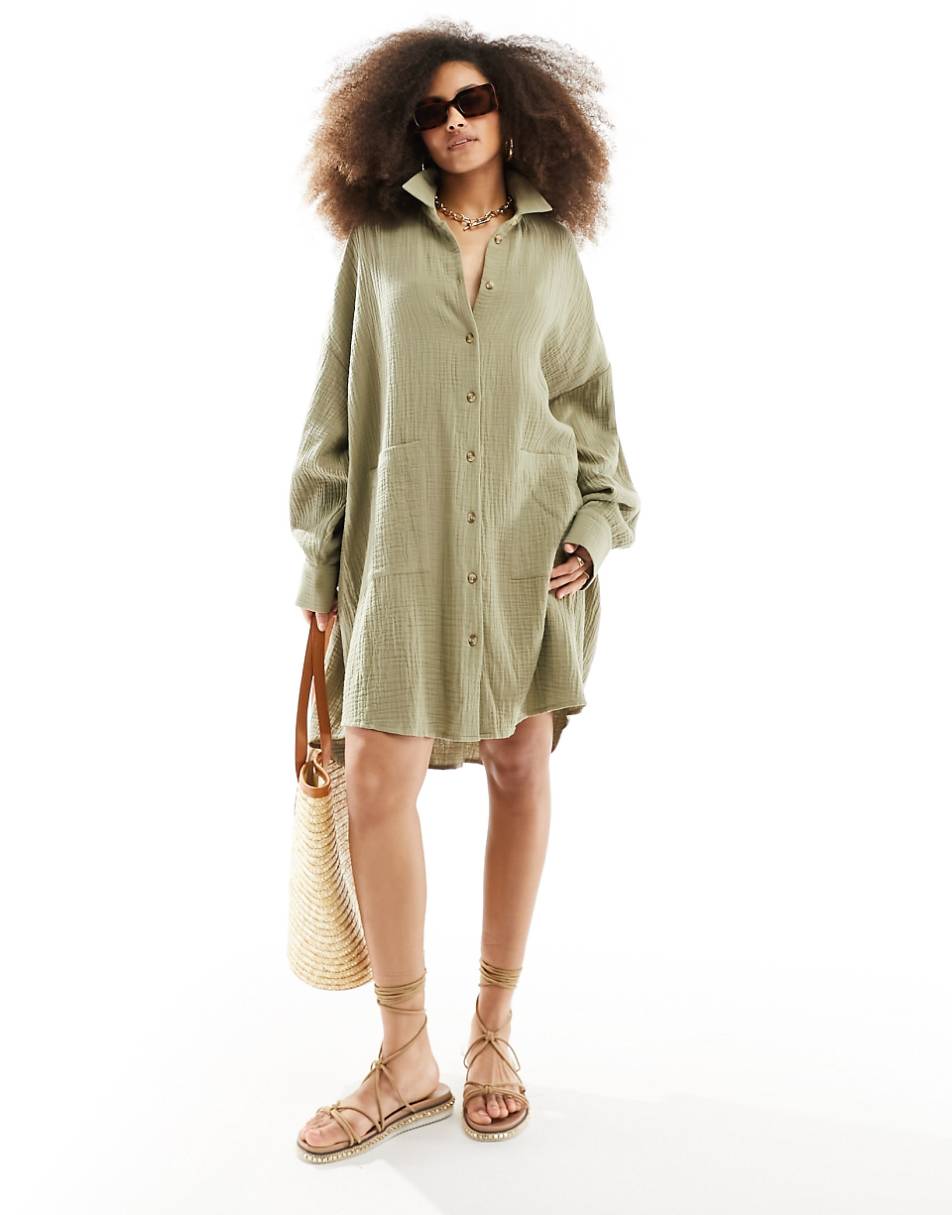 ASOS DESIGN double cloth oversized shirt dress with dropped pockets in khaki