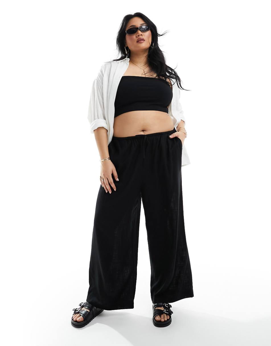 ASOS DESIGN Curve wide leg pull on pants with linen in black