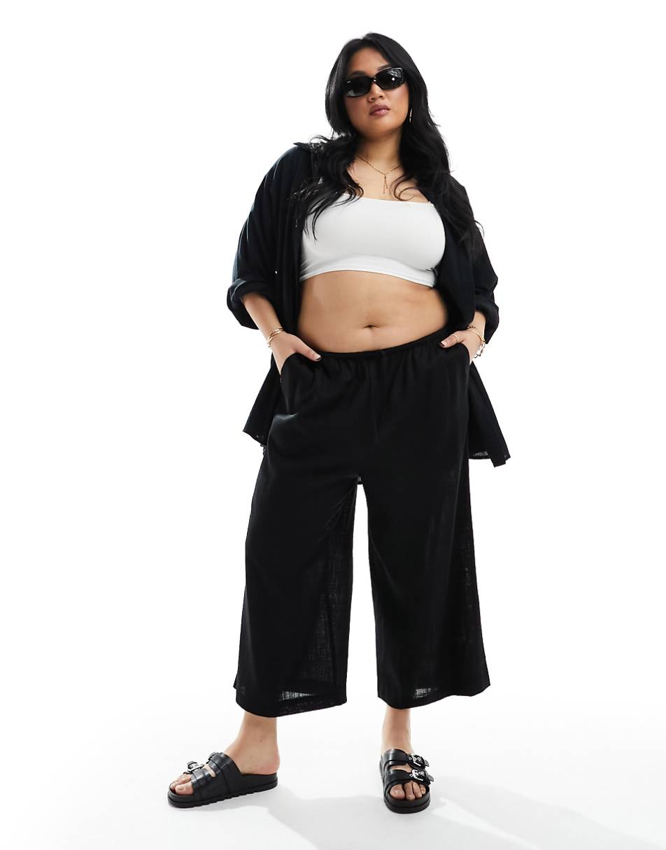 ASOS DESIGN Curve pull on culotte pants with linen in black