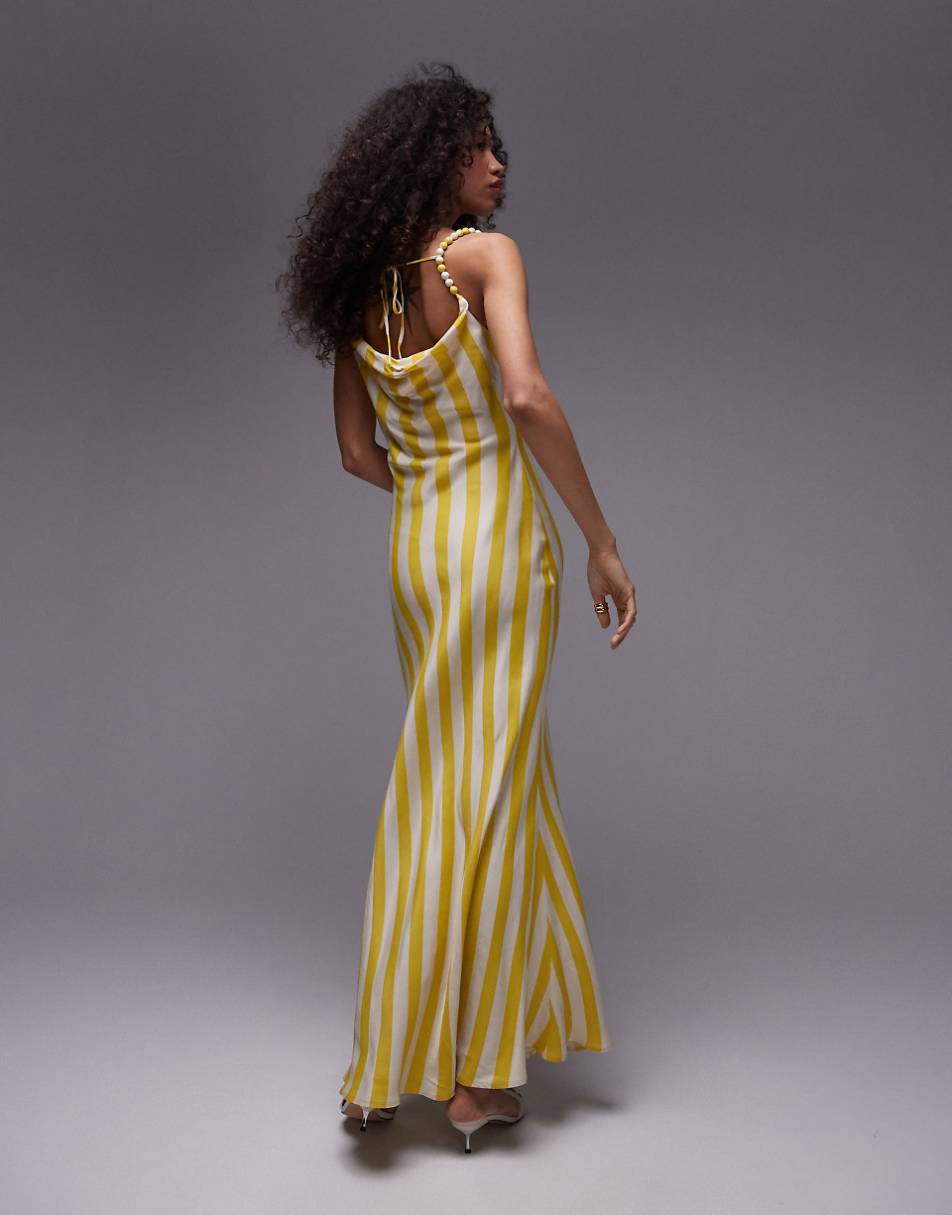 Topshop premium cami slip midi dress with beaded straps in yellow stripe print