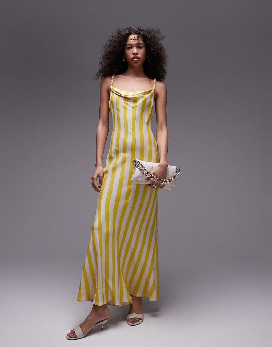 Topshop premium cami slip midi dress with beaded straps in yellow stripe print