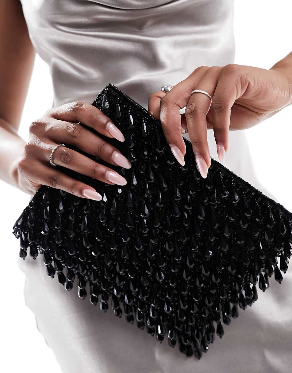 ASOS DESIGN zip top clutch bag in all over beads in black