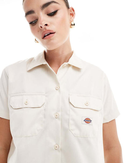 Dickies short sleeve cropped work shirt in beige