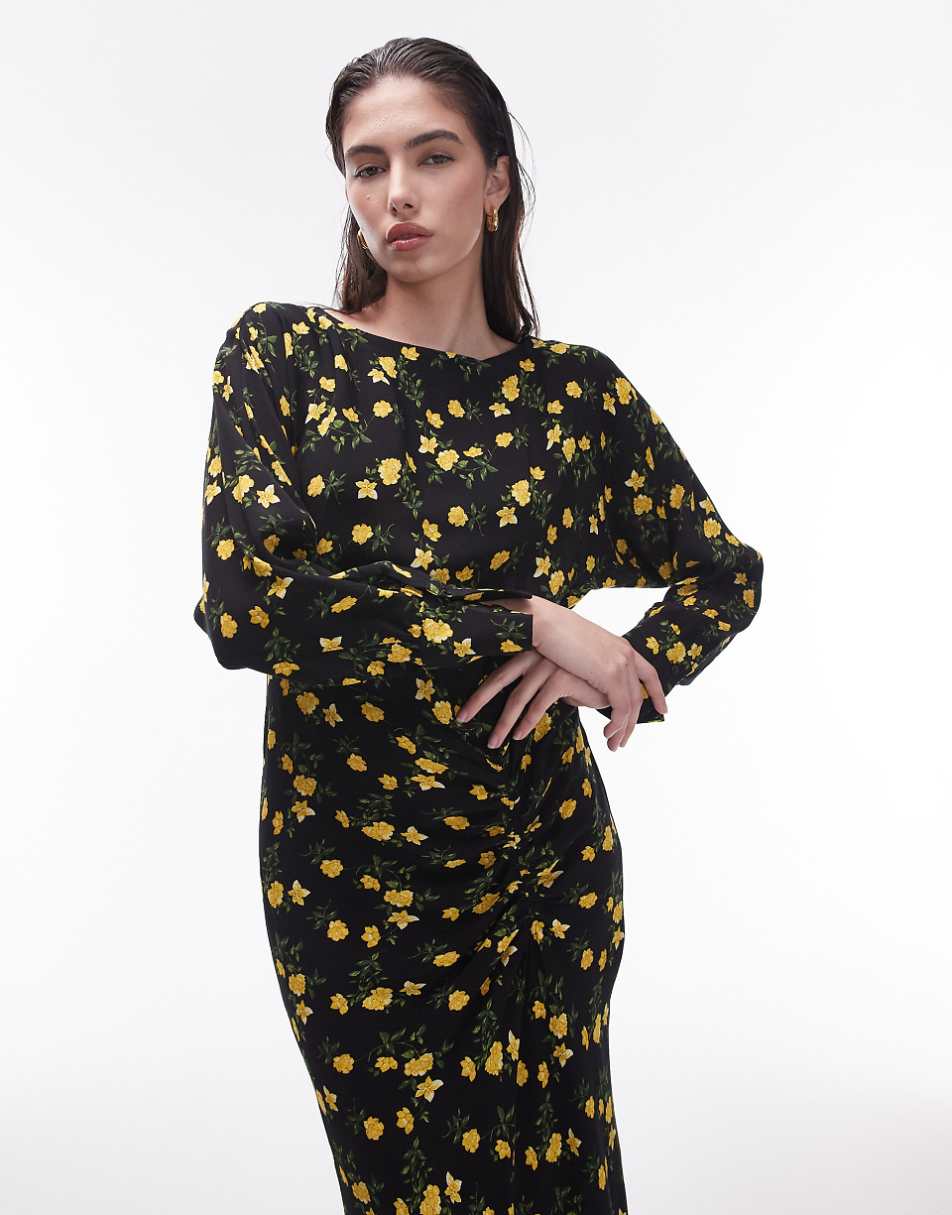 Topshop ruched front detail midi dress in yellow floral