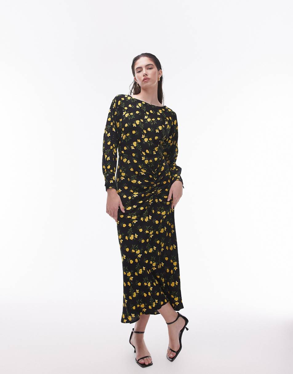 Topshop ruched front detail midi dress in yellow floral