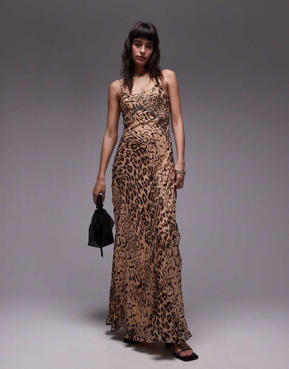 Topshop animal embellished maxi slip dress in brown