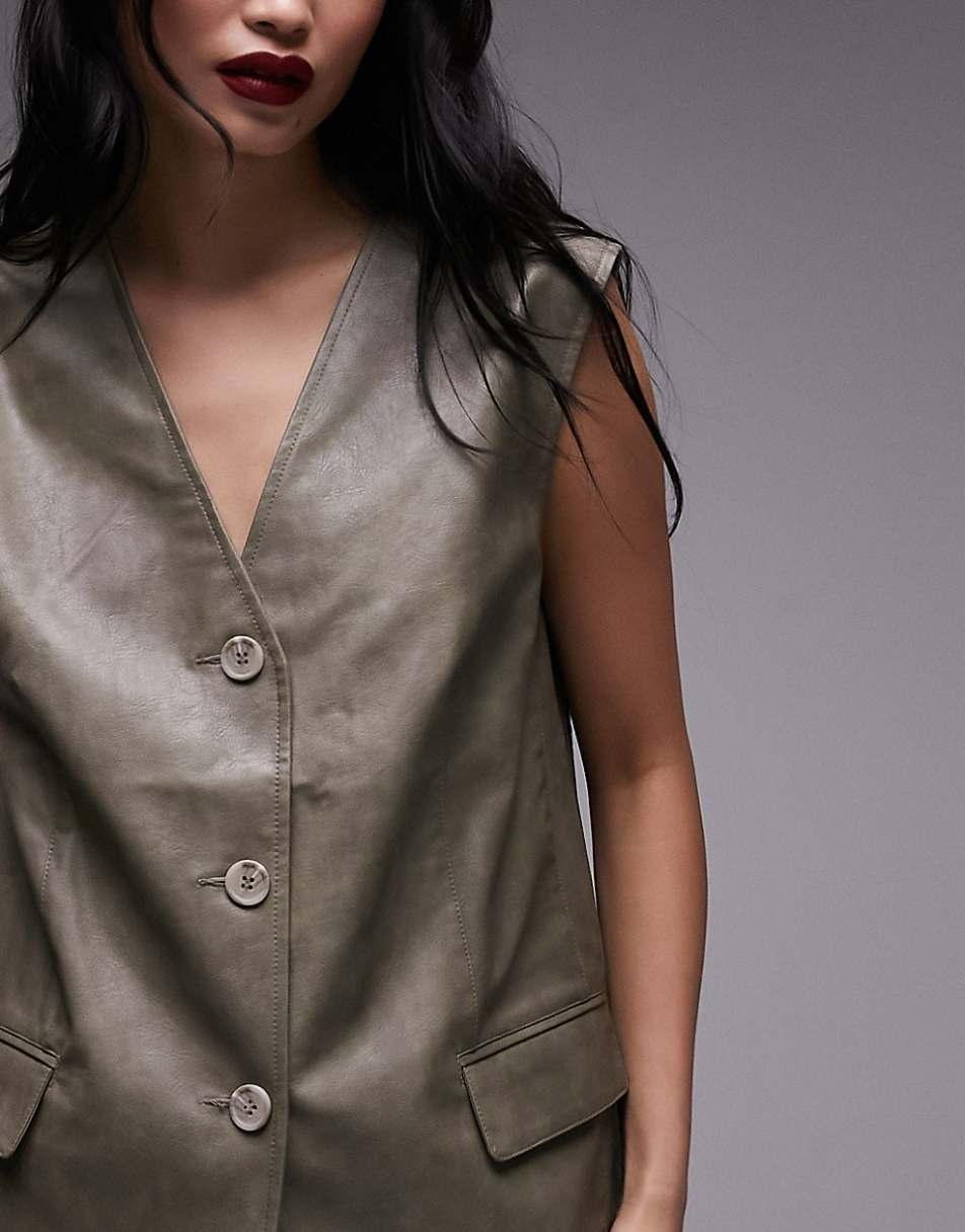 Topshop oversized faux leather vest in sage