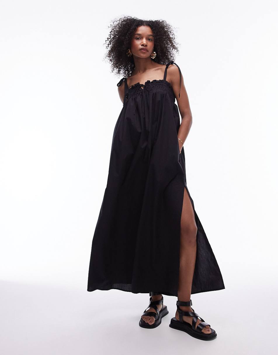 Topshop poplin ruched bust maxi dress in black