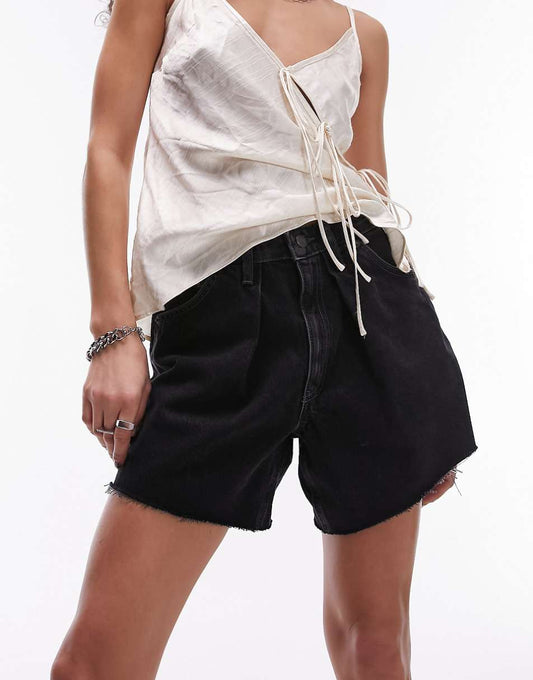 Topshop denim pleat shorts in washed black