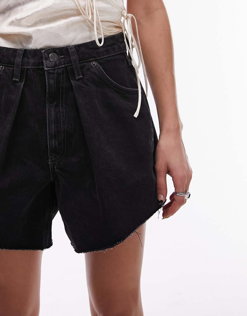 Topshop denim pleat shorts in washed black