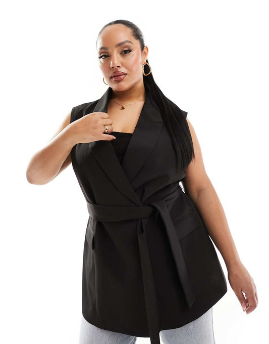 ASOS DESIGN Curve sleeveless tailored blazer with tie waist in black