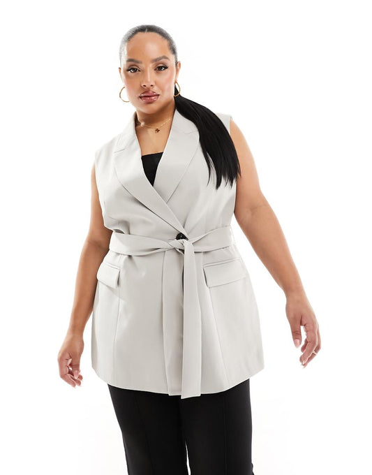 ASOS DESIGN Curve sleeveless tailored blazer with tie waist in light gray