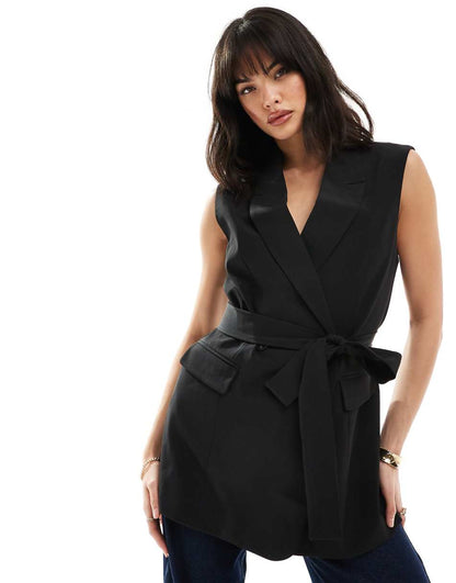 ASOS DESIGN sleeveless tailored blazer with tie waist in black