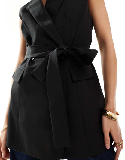 ASOS DESIGN sleeveless tailored blazer with tie waist in black